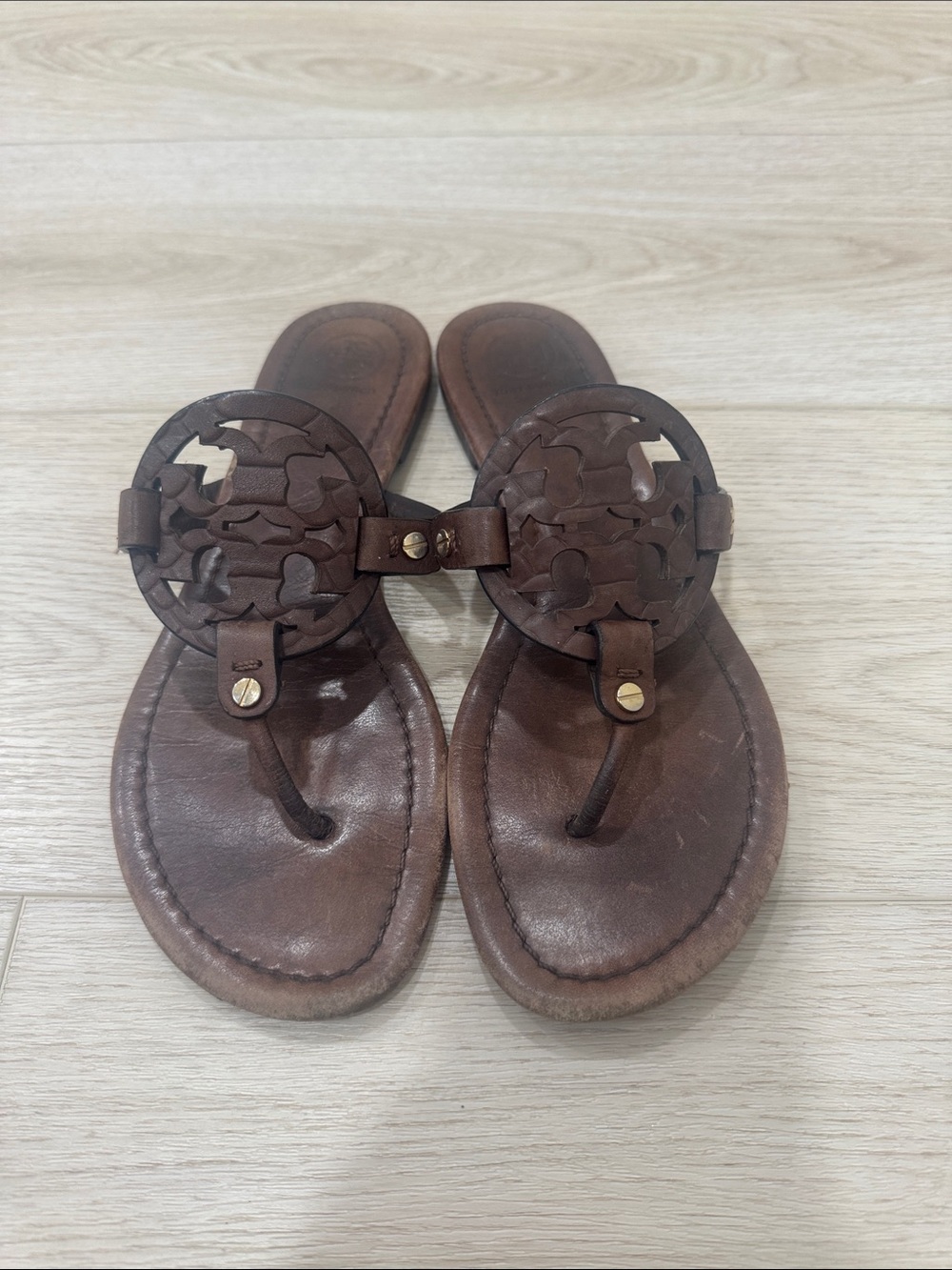 Tory Burch Brown Leather Logo Thong Sandals